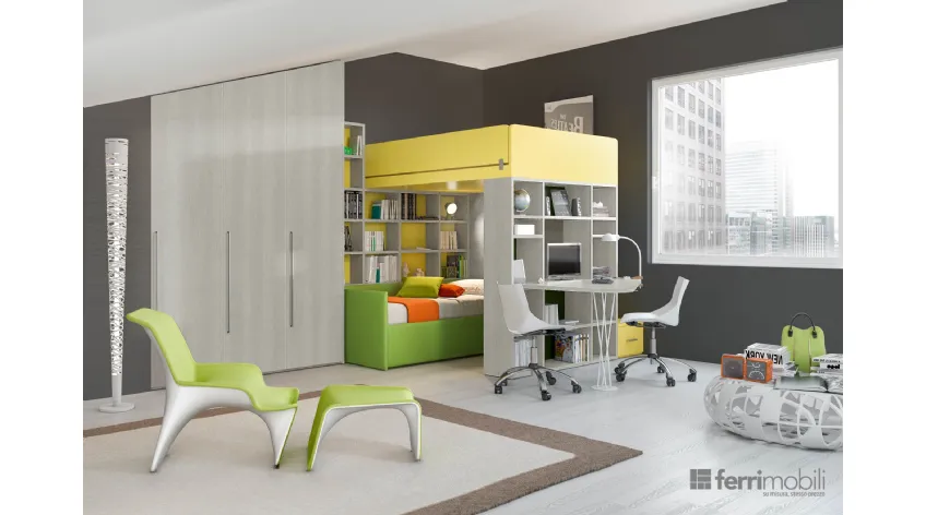 Cameretta di design con finitura larice grigio e laccato giallo/verde di Ferrimobili