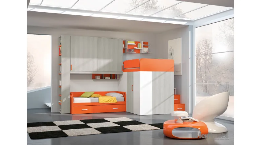 Cameretta di design con finitura larice grigio e laccato bianco/arancio di Ferrimobili